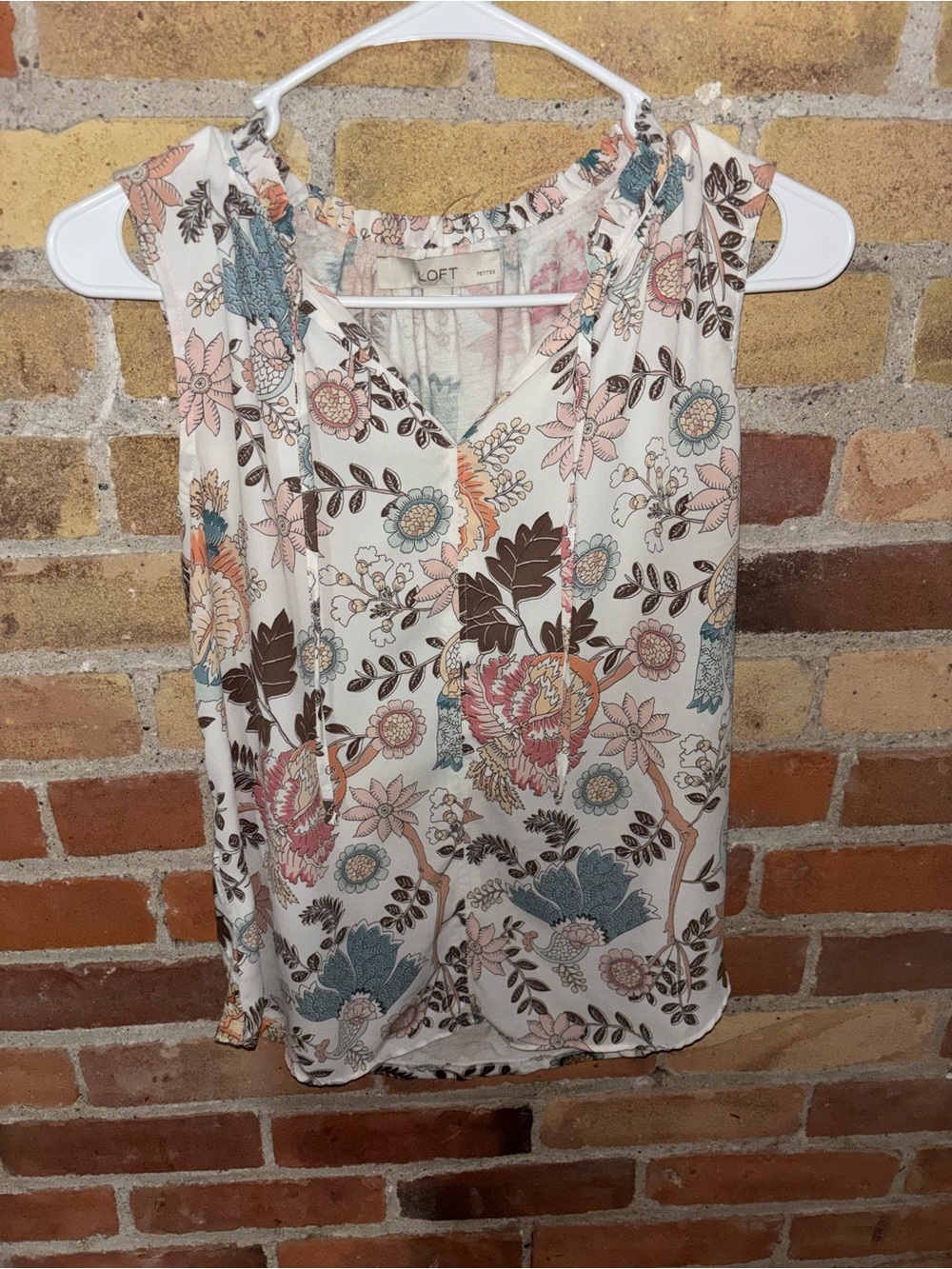 LOFT Cream Floral Sleeveless Tie-Neck Top with Blue Pink and Brown Accents